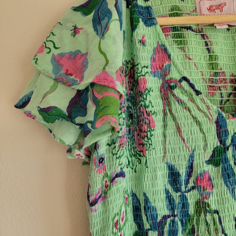Banjanan Ira Ruffle Sleeve Maxi Dress Green Floral Peacock with Pockets Large - Picture 2 of 9